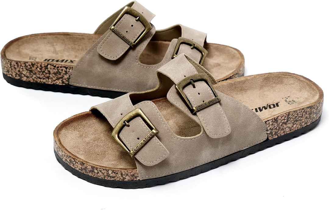 JOMIX Sommer Pantoletten Herren Kunstleder Sandalen Weiche Cork Fussbett Latschen Flache Strandschuh
