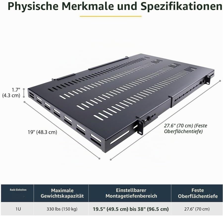 StarTech.com 1HE einstellbares belüftetes Rack Fachboden - 150kg - 49,5 bis 97,4 cm einstellbare tie