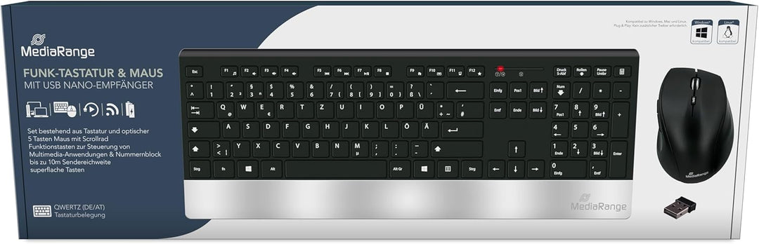 MediaRange Funk-Tastatur- und Maus-Set, Highline Serie, QWERTZ, schwarz/silber