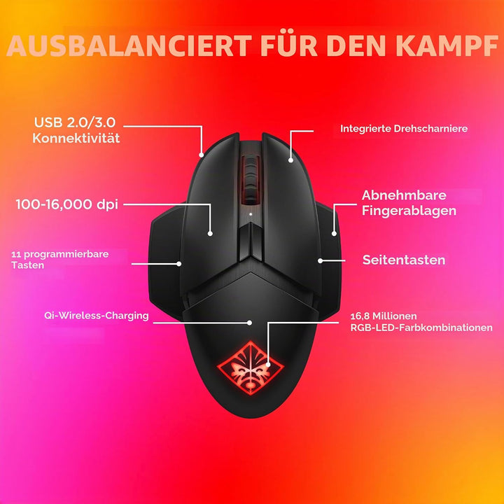 OMEN Photon Gaming Maus (kabellos, Qi Charging, bis zu 16.000 dpi, 11 programmierbare Tasten, RGB-Be