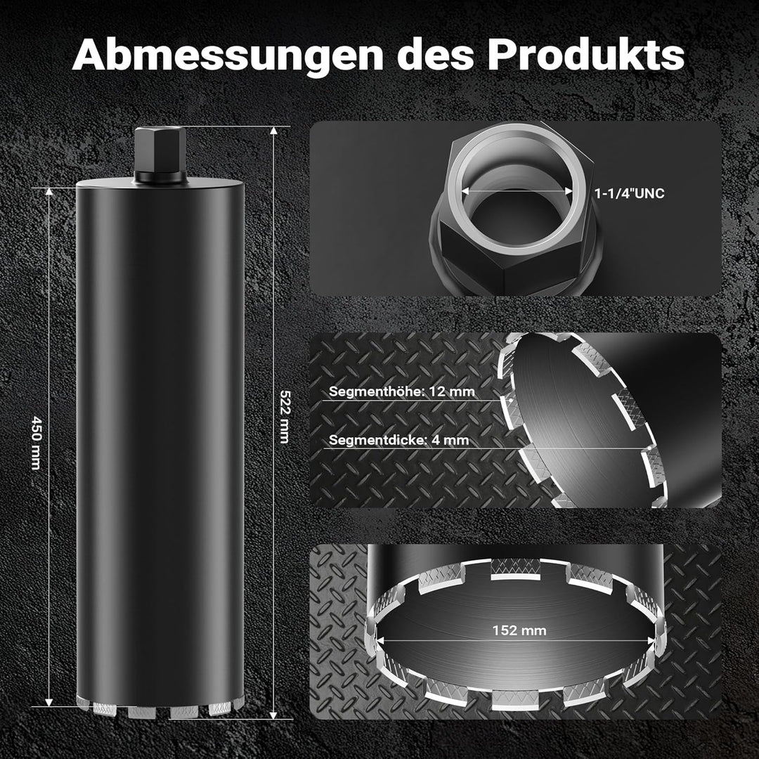 Wiltec Diamantbohrkrone Typ 2 (Mesh) Ø 152 mm, Bohrkrone 450 mm, 1¼ UNC Nassbohrkrone, Diamantbohrer