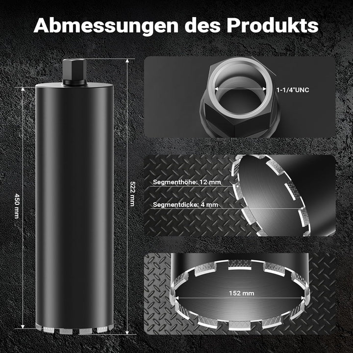 Wiltec Diamantbohrkrone Typ 2 (Mesh) Ø 152 mm, Bohrkrone 450 mm, 1¼ UNC Nassbohrkrone, Diamantbohrer