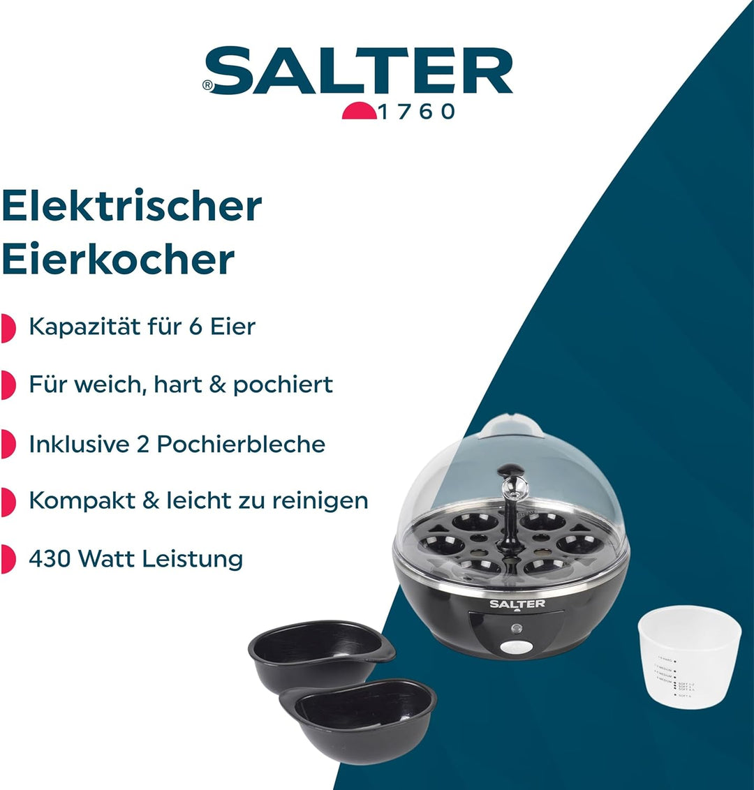 Salter Elektrischer Eierkocher – 6 Eier Kapazität, ideal für weiche, harte & pochierte Eier, inkl. M
