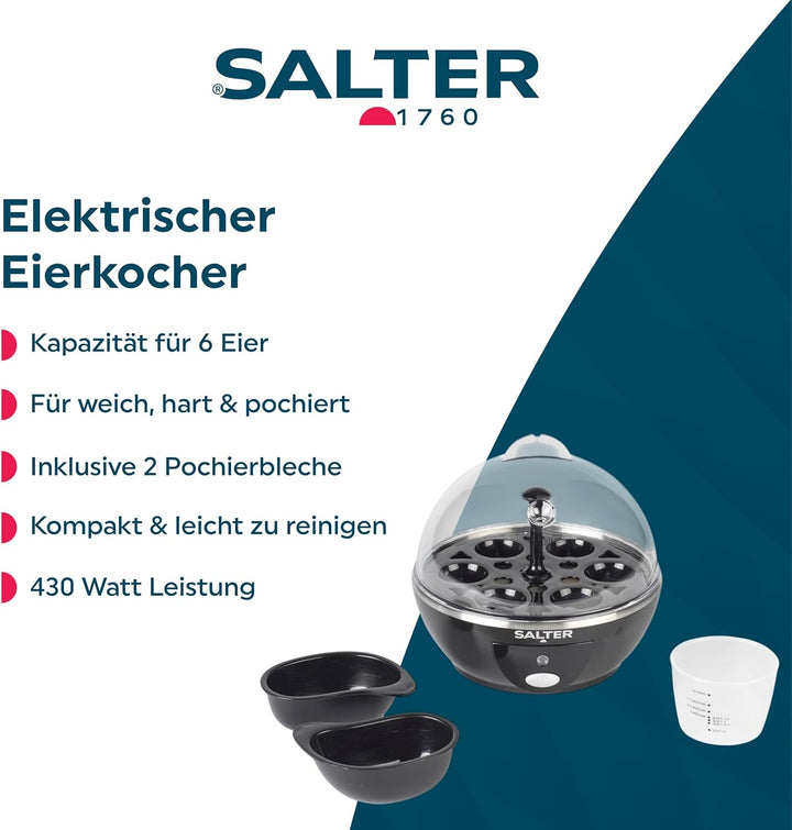 Salter Elektrischer Eierkocher – 6 Eier Kapazität, ideal für weiche, harte & pochierte Eier, inkl. M