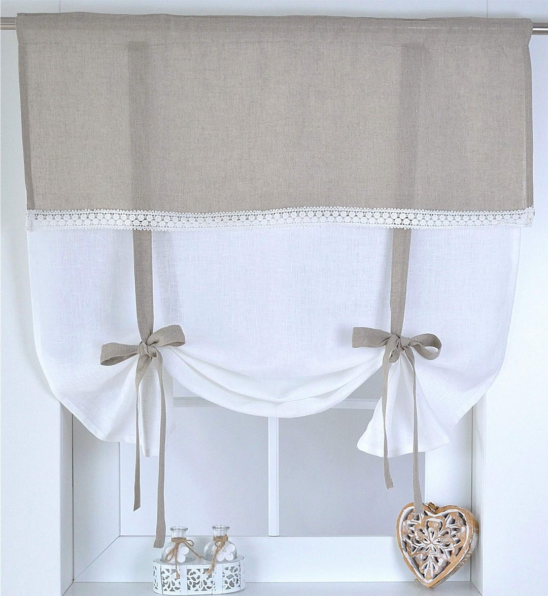 Kutti Raffgardine Venezia 100% Leinen Weiss Natur Landhaus Borte Schleifen romantisch (100 x 100 cm,