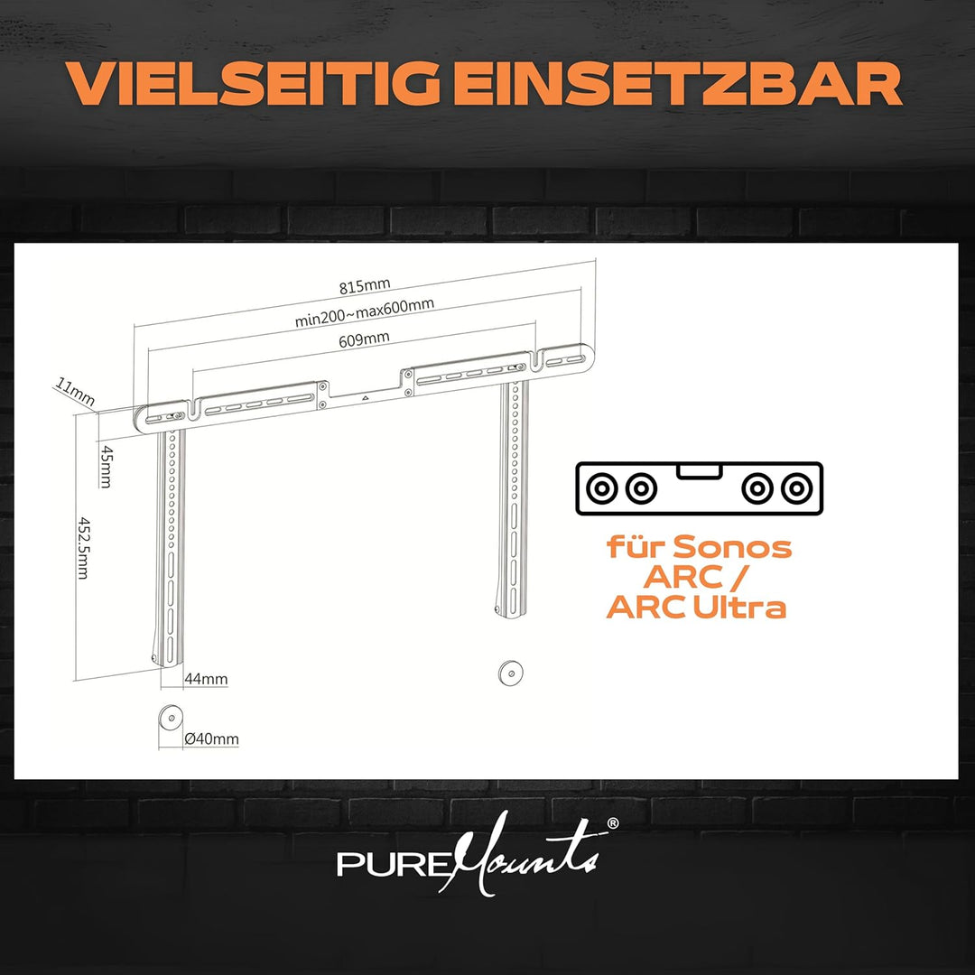 PureMounts Lautsprecher-Halterung zur direkten Montage am TV, kompatibel mit Sonos Arc, Traglast: 10
