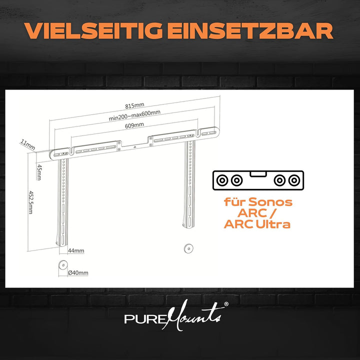 PureMounts Lautsprecher-Halterung zur direkten Montage am TV, kompatibel mit Sonos Arc, Traglast: 10