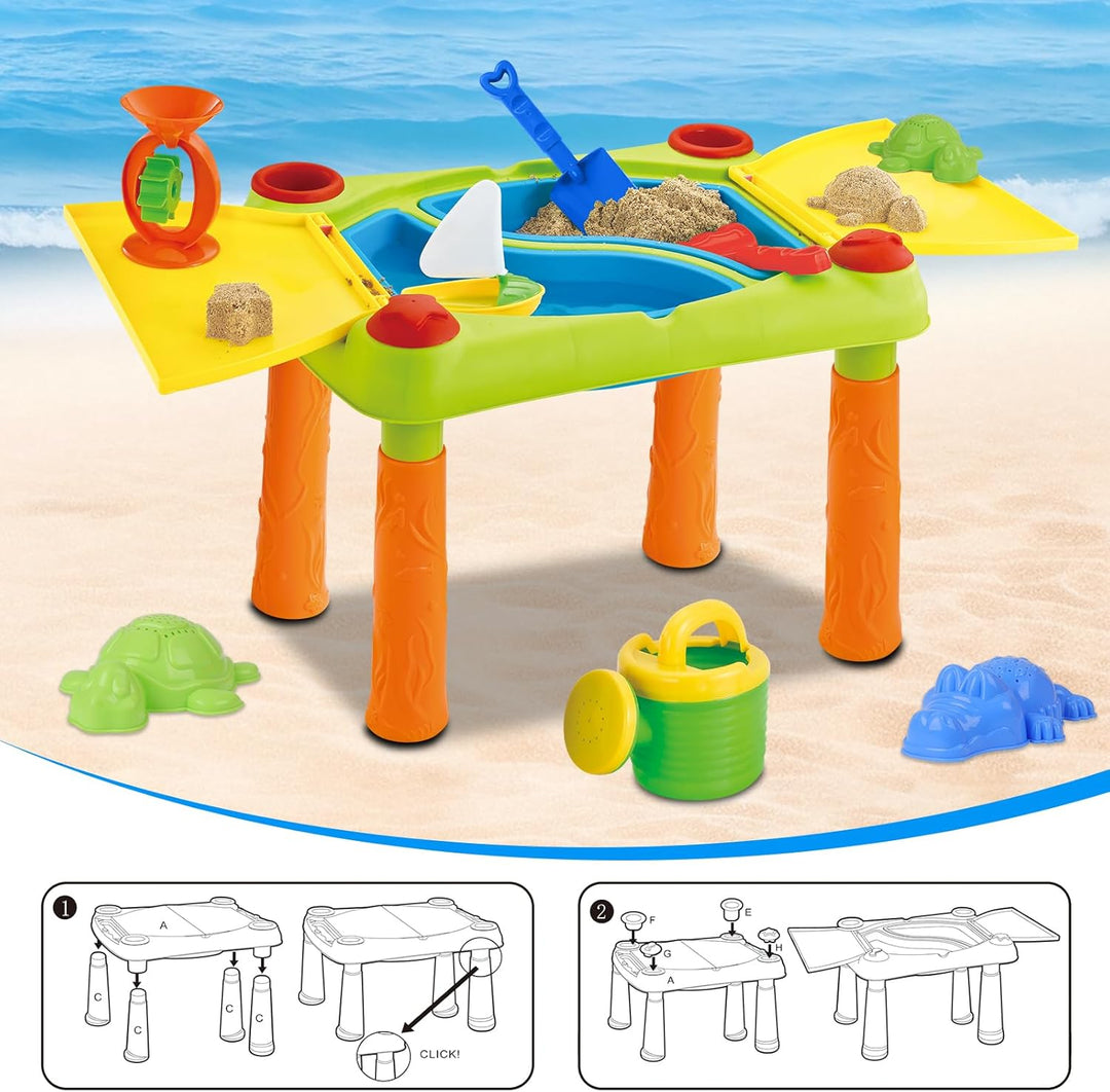 deAO Sand und Wasser Outdoor Aktivitäten Spieltisch für Kinder mit Doppelfach, Deckel und über 10 Zu