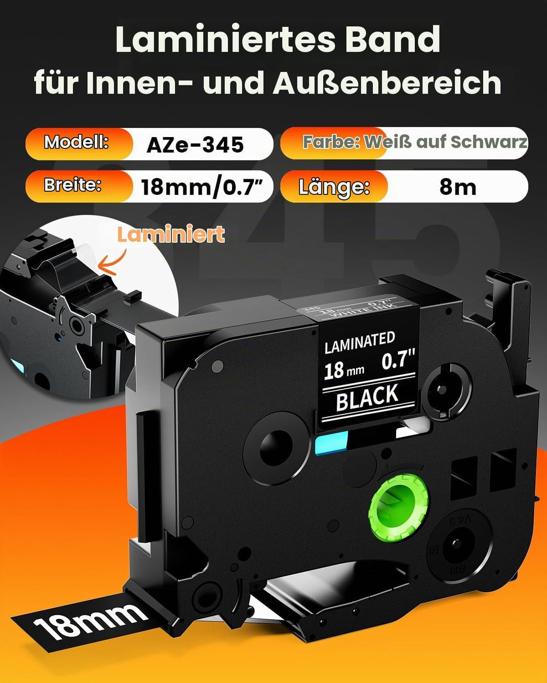 Oozmas TZe345 Schriftband Kompatibel mit Brother PTouch Bänder 18mm Schwarz Weiss auf Schwarz 18mm 3