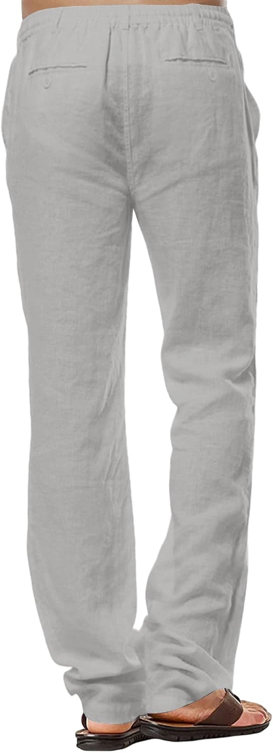 Herren-Leinenhose, lässige Baumwollhose, Sommerhose, Strandhose, leichte Hose mit Kordelzug S Hellgr