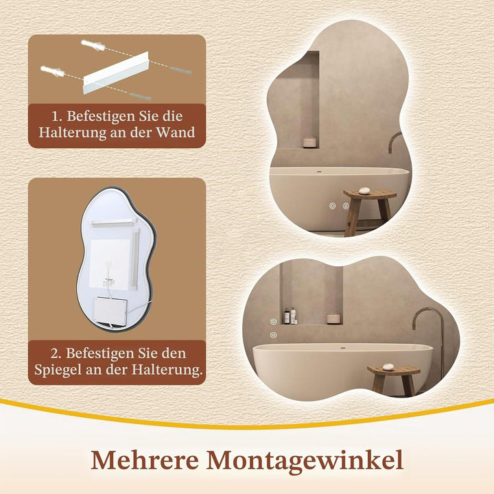 Clevich Badspiegel mit Beleuchtung Asymmetrisch 90×60 cm, LED Spiegel mit 3 Lichtfarben dimmbar, geh