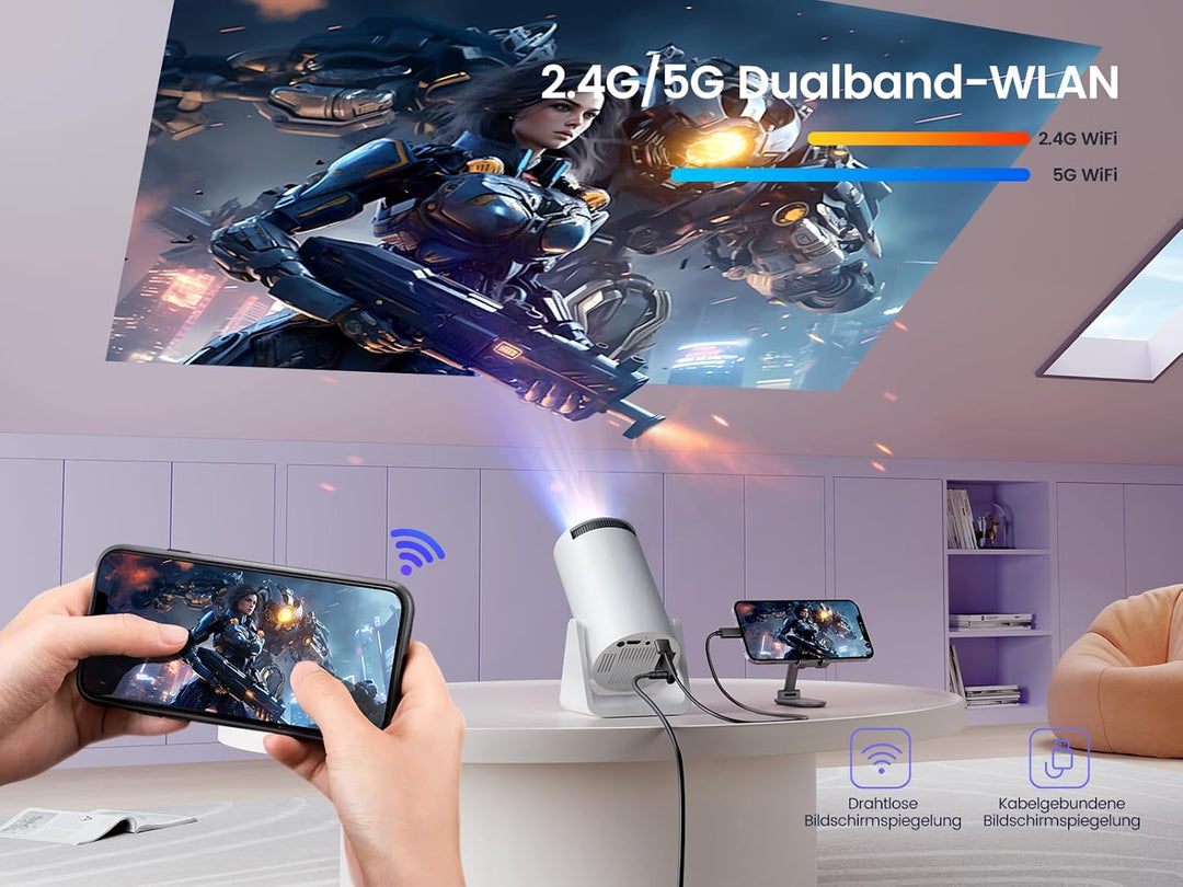 【Automatische Trapezkorrektur】Mini Beamer 1080P Full HD 12000L WiFi Bluetooth 270° drehbar, WiMiUS K