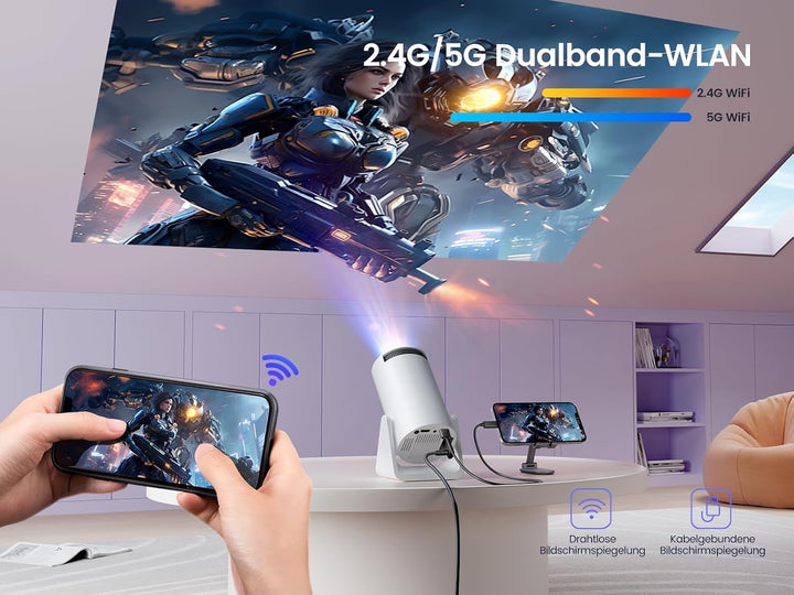 【Automatische Trapezkorrektur】Mini Beamer 1080P Full HD 12000L WiFi Bluetooth 270° drehbar, WiMiUS K