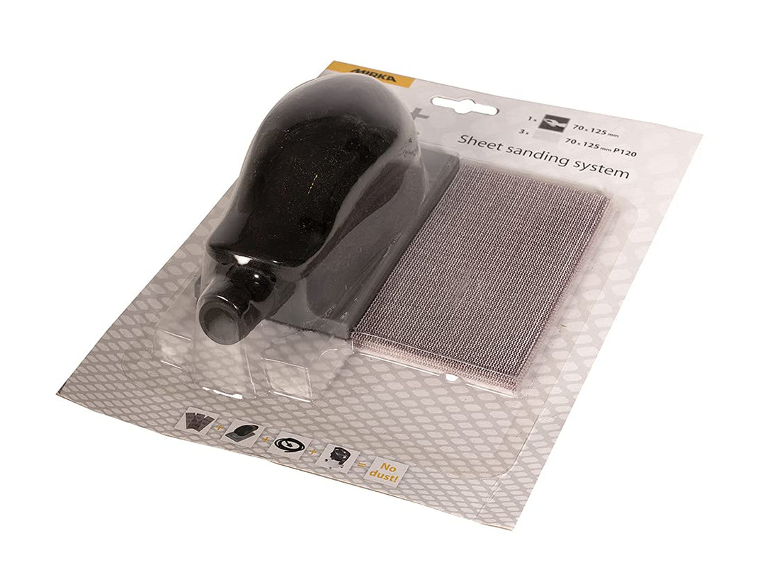 Mirka Handblock-Set Schleifklotz mit Absaugung 70x125mm, Klett, inkl. 3 Abranet Netz-Schleifstreifen