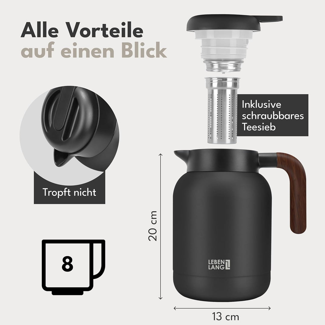 LEBENLANG Thermoskanne 1,5L Keramikbeschichtung - Inkl. Teesieb I 24h Heiss I Kaffeekanne Kaffee & T