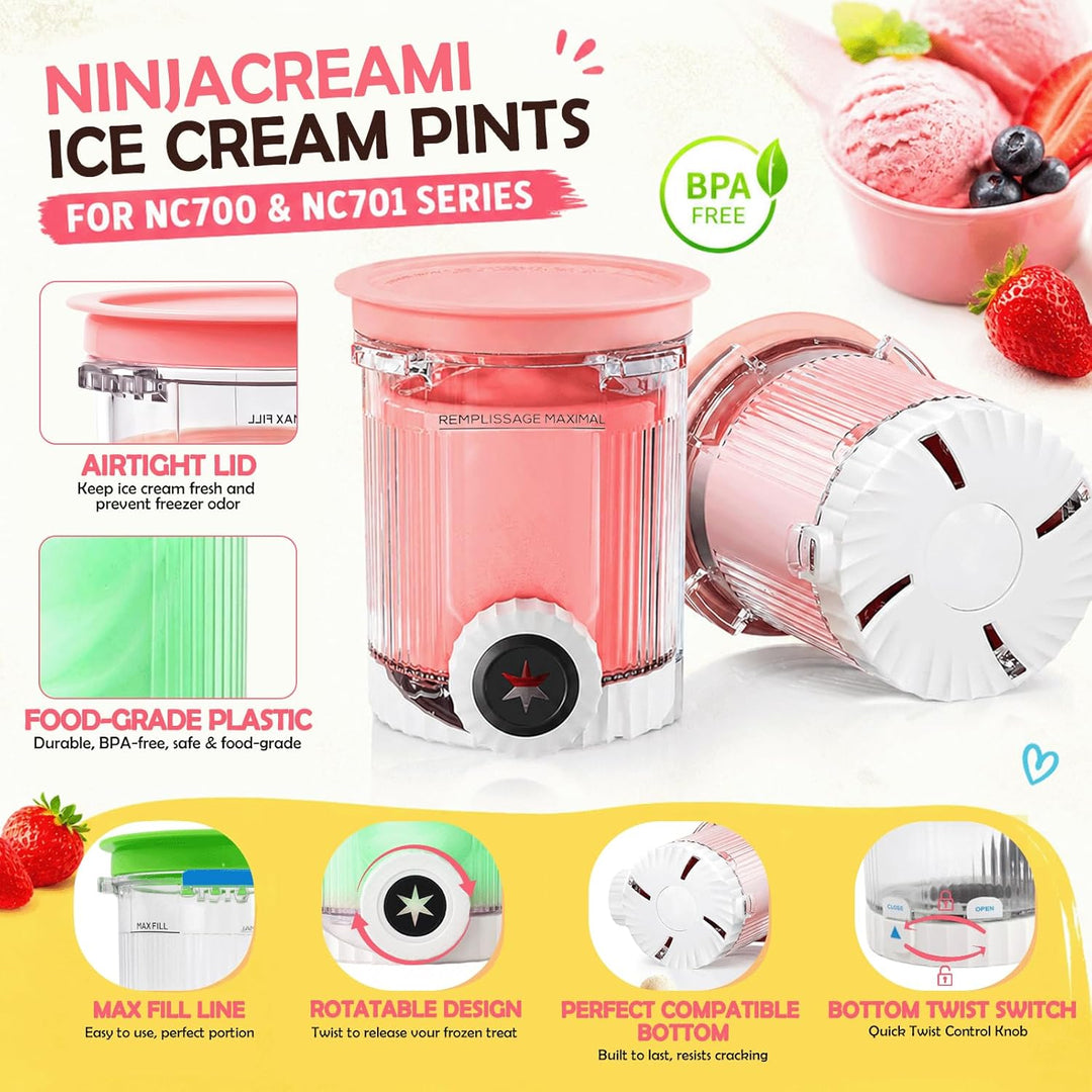 4er Set Eisbehälter 480ml mit Farbigen Deckeln, Kompatibel mit NC700/NC701 Serie Swirl Eismaschine,