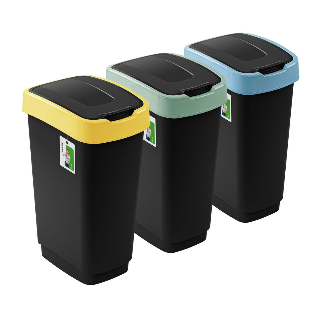 PAFEN 3x Mülleimer SET Mülltrennung 50L - 41 x 30 x 61,5cm - Abfallbehälter Mülltonne mit Spezialkla
