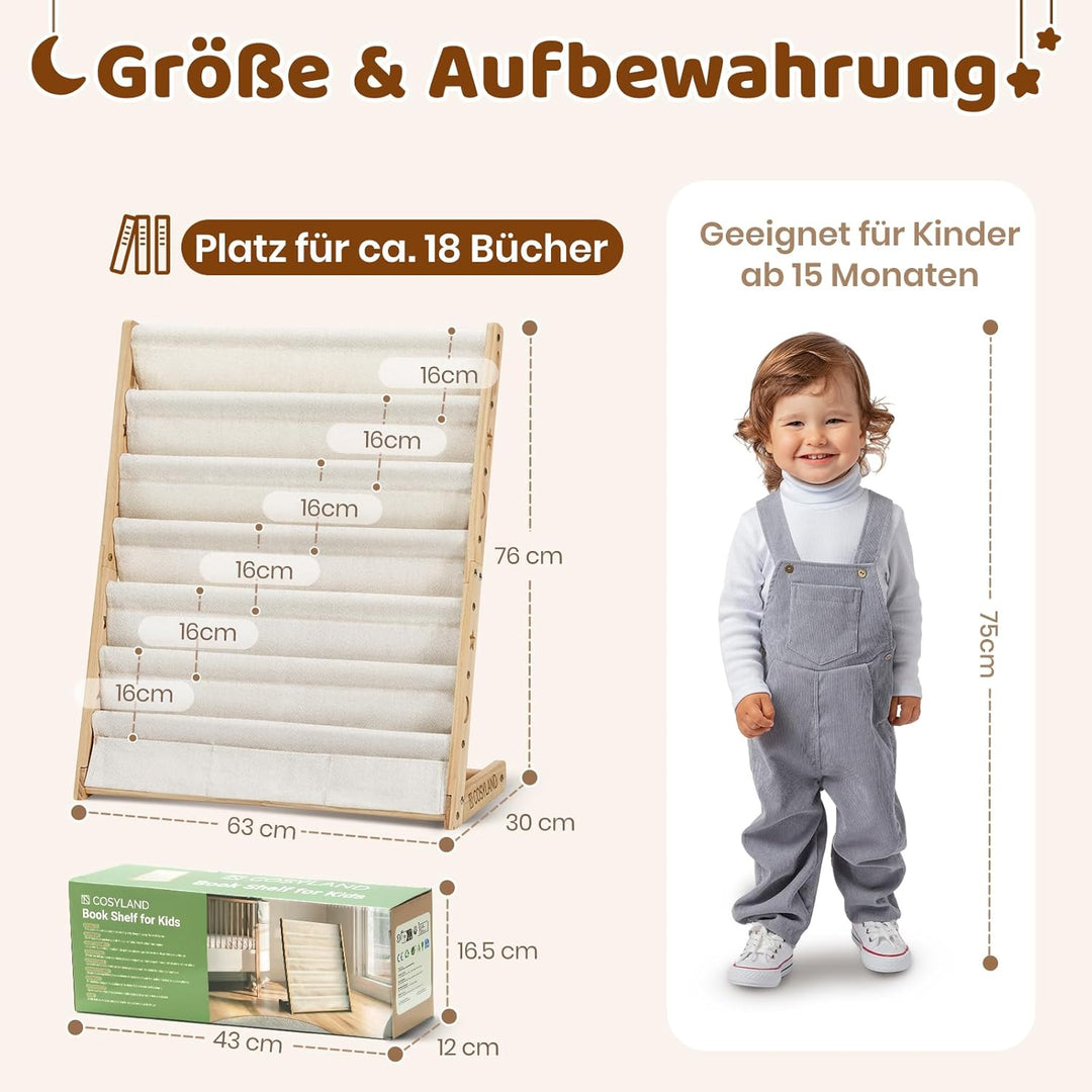 COSYLAND Bücherregal Kinder mit 6 Oxford-Stoff Fächern - Kinderbücherregal aus Naturholz - Bücherreg