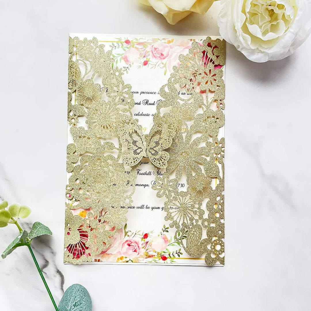 Hosmsua 20 x Blanko-Champagner-Gold-Glitzer-Hochzeitseinladungskarten mit Schmetterlingsspitze, Flor