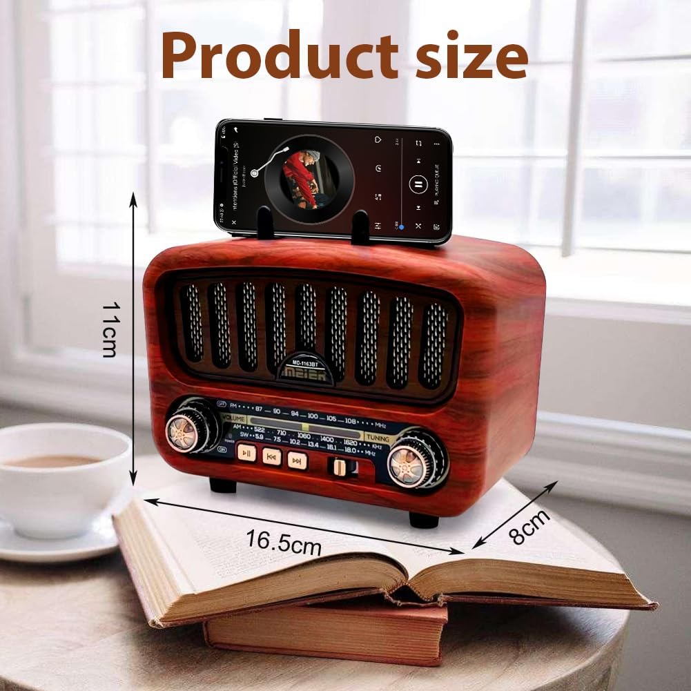 Retro Radio mit Bluetooth, Tragbares AM/FM/SW Radio mit Handyhalter, Nostalgie Klein mit 1800mAh Akk