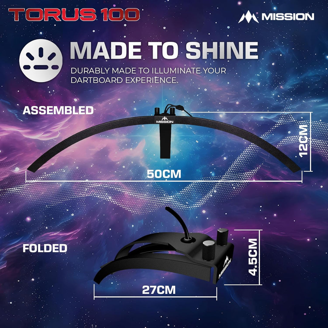 Mission Darts TOR100 Torus 100 | Dartscheibe LED klappbar tragbar Dartscheibe Reise Beleuchtungssyst