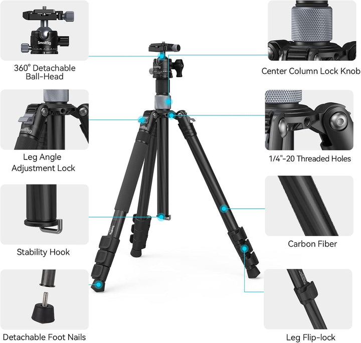SMALLRIG Karbonfaser-Stativ mit Mittelsäule, Carbon Fiber Tripod abnehmbarem Einbeinstativ, 360°-Kug