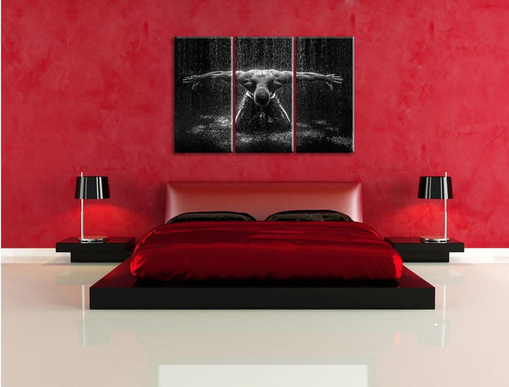 Pixxprint Bodybuilder im Regen als Leinwandbild/Grösse: 3 Teilig (120x80 cm) cm/Wandbild/Kunstdruck/