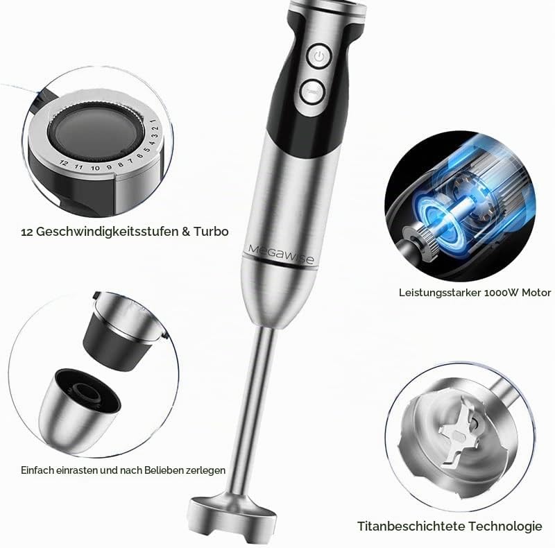 MegaWise Pro Titanium Verstärkter 3-in-1 Stabmixer, Leistungsstarker MOTOR mit 80% schärferen Klinge