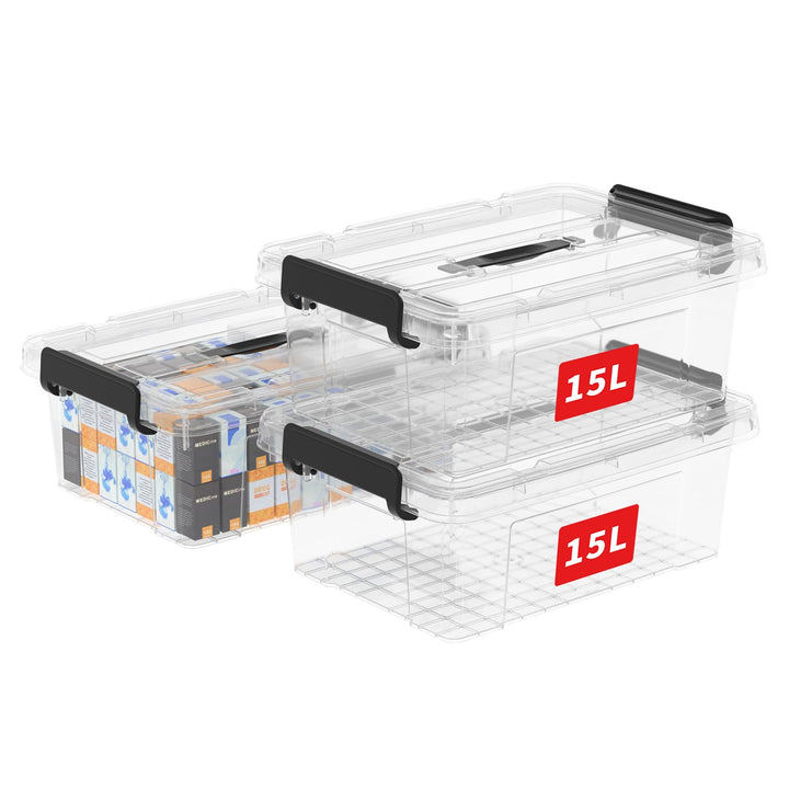 Cetomo,15L,3er-Pack, Aufbewahrungsbox mit deckel,Aufbewahrungsboxen, mit Clips, stapelbar, Wohnzimme