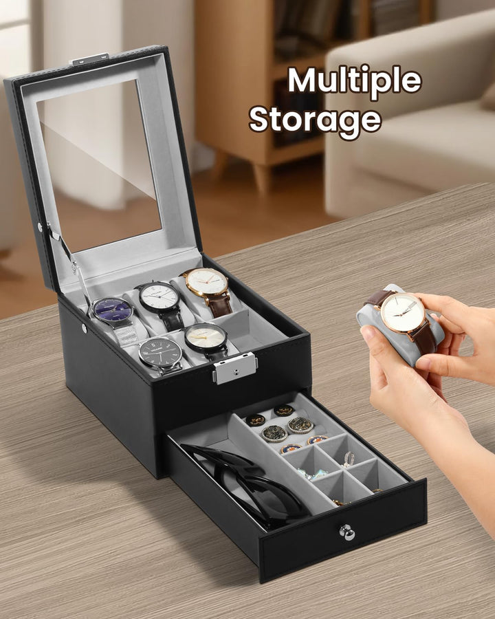 Uten Uhrenbox, 6 Fächern und 1 Schublade mit Schlüsselschloss, Glasdeckel, Schwarzes PU, Graues Samt