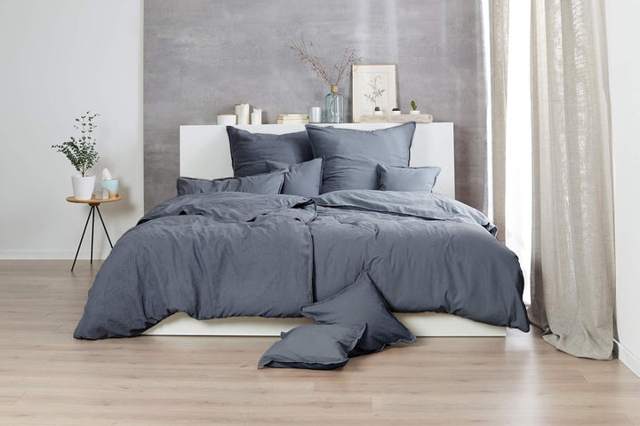 Hahn Vintage Renforce Bettwäsche Stonewashed | 888 anthrazit - 200x200 + 2X 80x80 cm