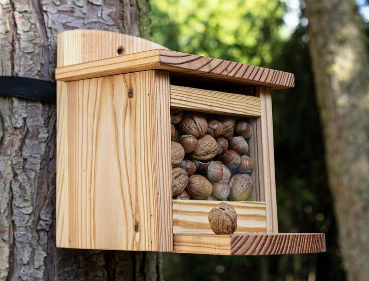 Eichhörnchen Futterhaus aus Lärchenholz – Mit integriertem Nussspender/Futterbox – Wetterfest & lang