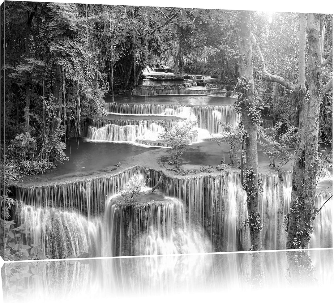 Pixxprint Wasserfall im Regenwald / 100x70cm Leinwandbild bespannt auf Holzrahmen/Wandbild Kunstdruc