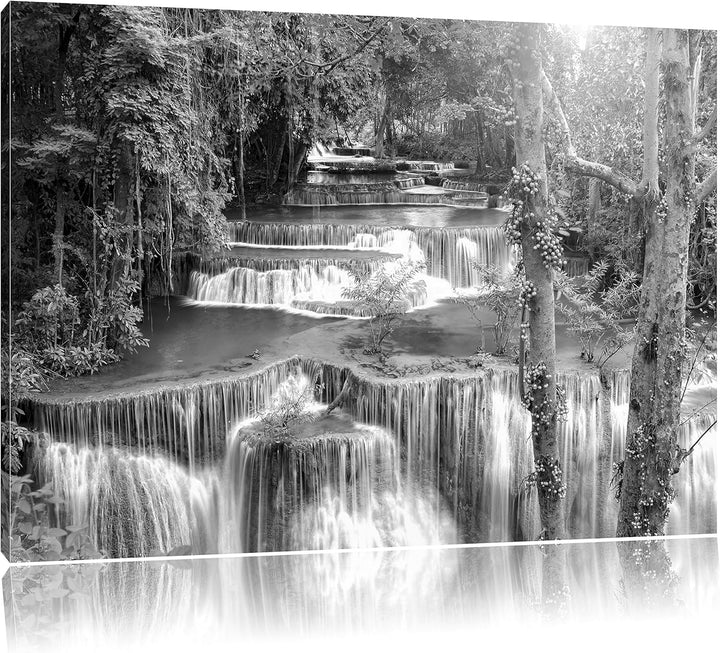 Pixxprint Wasserfall im Regenwald / 100x70cm Leinwandbild bespannt auf Holzrahmen/Wandbild Kunstdruc