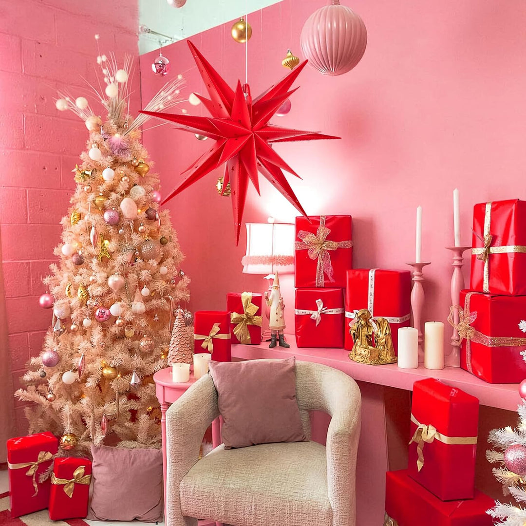 SUNBEAUTY Weihnachtsstern Beleuchtet Batterie mit Timer, 58CM Hängend Weihnachtsdeko Aussen Led Ster