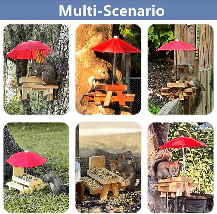 Eichhörnchen Futtertisch mit Regenschirm, Holz Eichhörnchen Picknickbank Futterspender mit Regenschi
