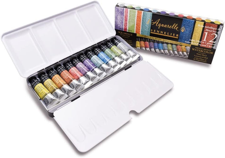 Sennelier l'Aquarelle Irisierende Farben, 12 Tuben á 10ml und Pinsel im Metallkasten