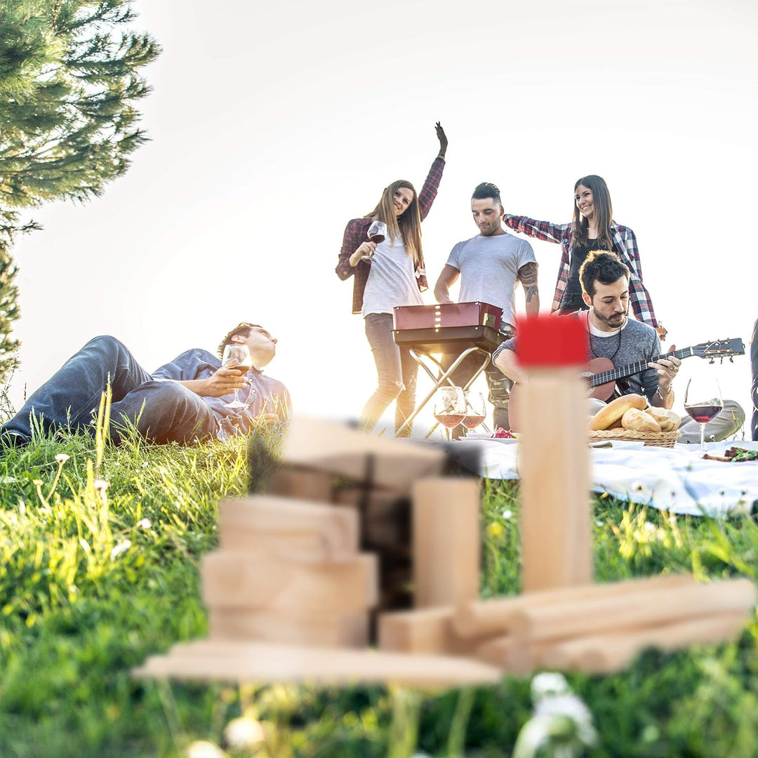 Relaxdays Wikinger Wurfspiel aus Kiefernholz, Natur Kubb Wikingerspiel, roter König, gross, Gartensp