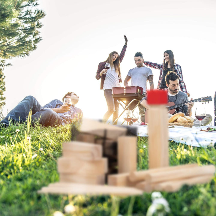 Relaxdays Wikinger Wurfspiel aus Kiefernholz, Natur Kubb Wikingerspiel, roter König, gross, Gartensp