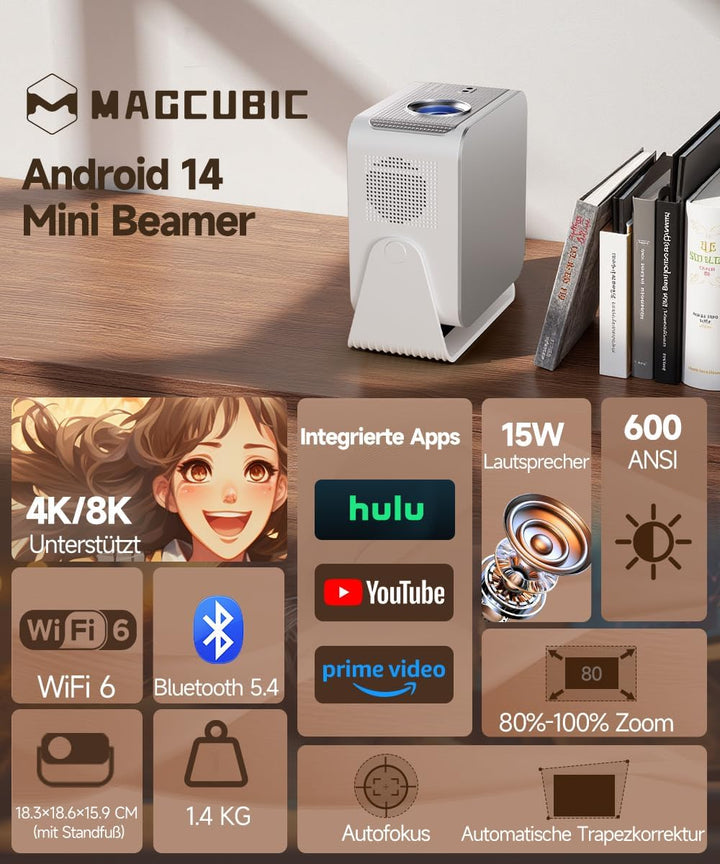 Magcubic Mini Beamer 4K &amp; 8K 1080P Unterstützt, Projektor Tragbarer mit Android 14 WiFi 6 Bluetooth