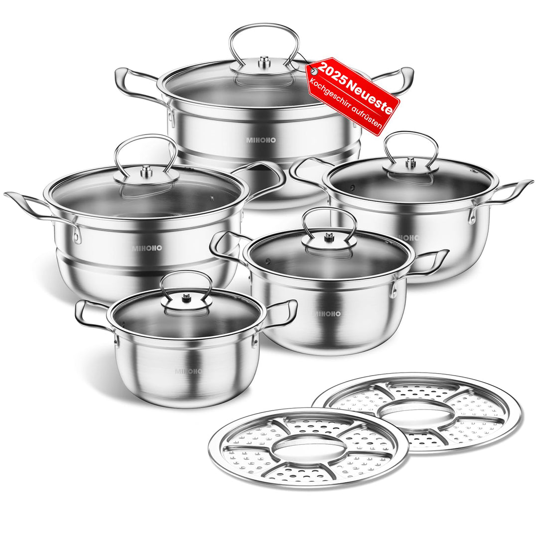Topfset aus Edelstahl, Grosses Kochgeschirr Induktion-Kochtopf-Set, Töpfe mit Glasdeckel und Stielka