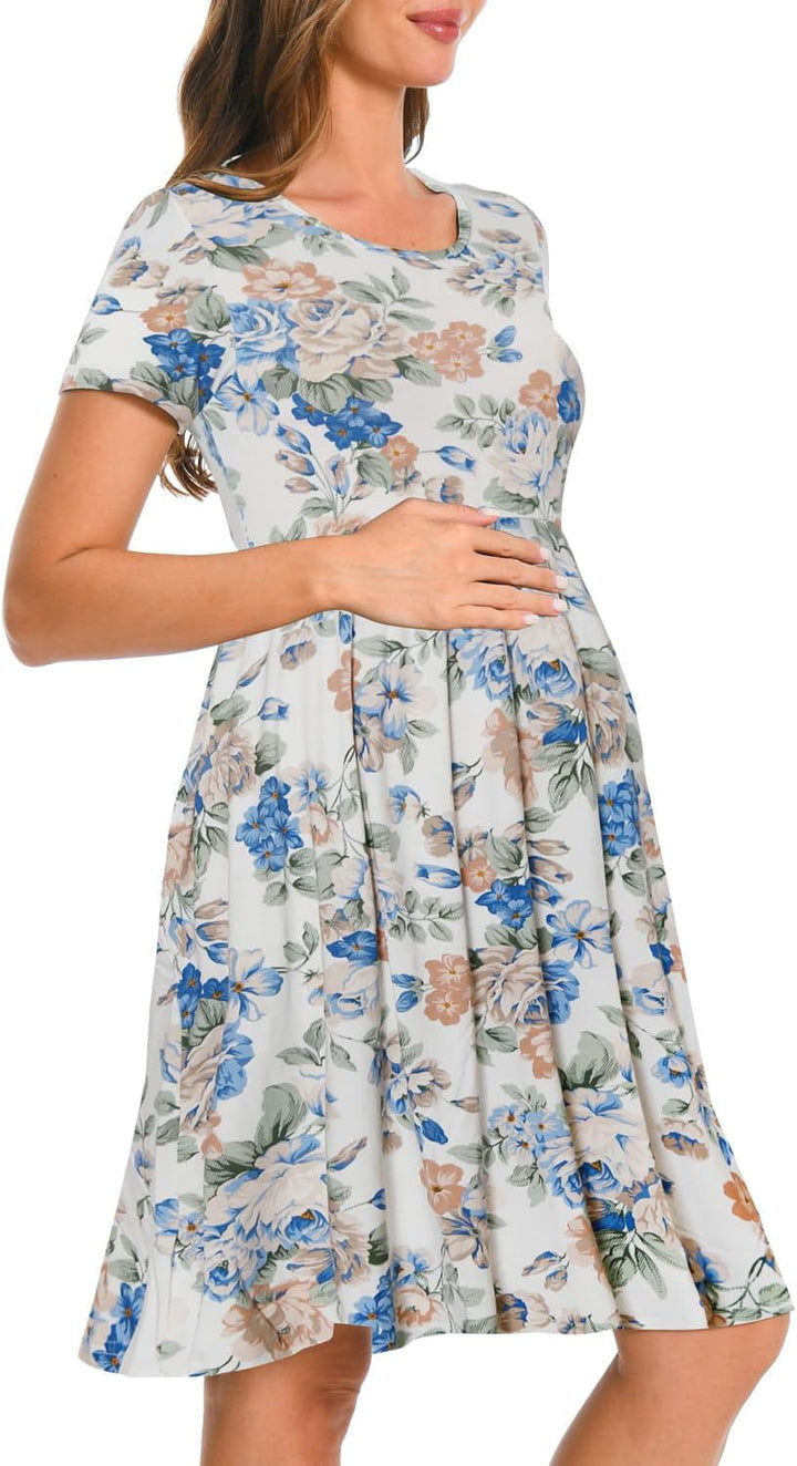 Bearsland Women’s Long Sleeve Maternity Dresses Patchwork Pregnancy Dress with Pocket S Blue Rose, S