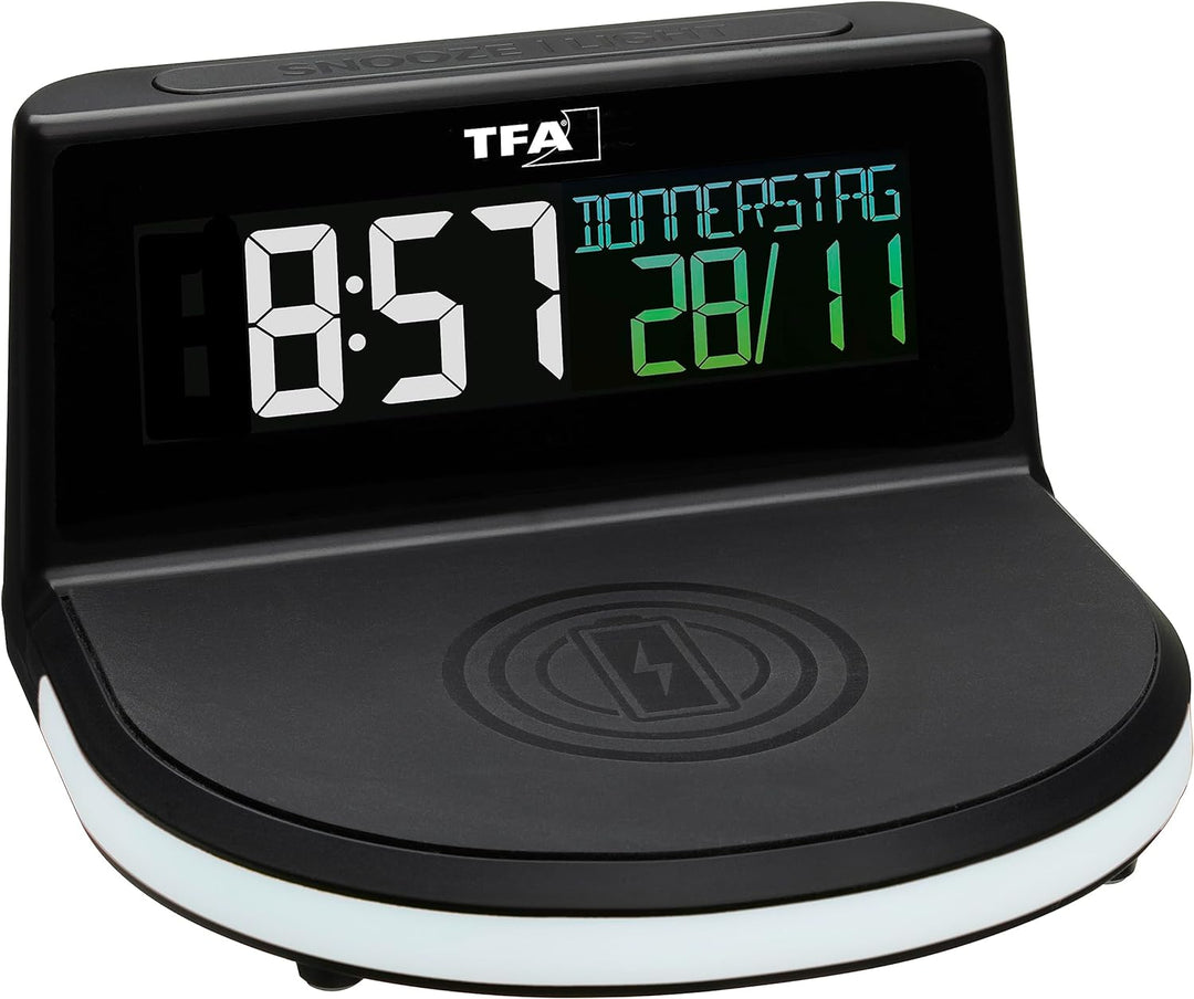 TFA Dostmann Charge-IT Wireless Digitalwecker, 60.2028.01, mit kabelloser Ladestation (Qi) für Smart