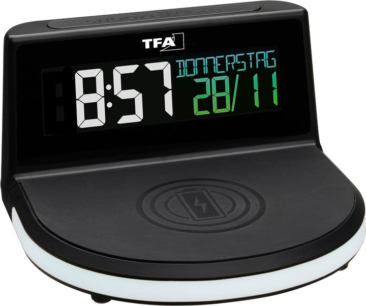 TFA Dostmann Charge-IT Wireless Digitalwecker, 60.2028.01, mit kabelloser Ladestation (Qi) für Smart