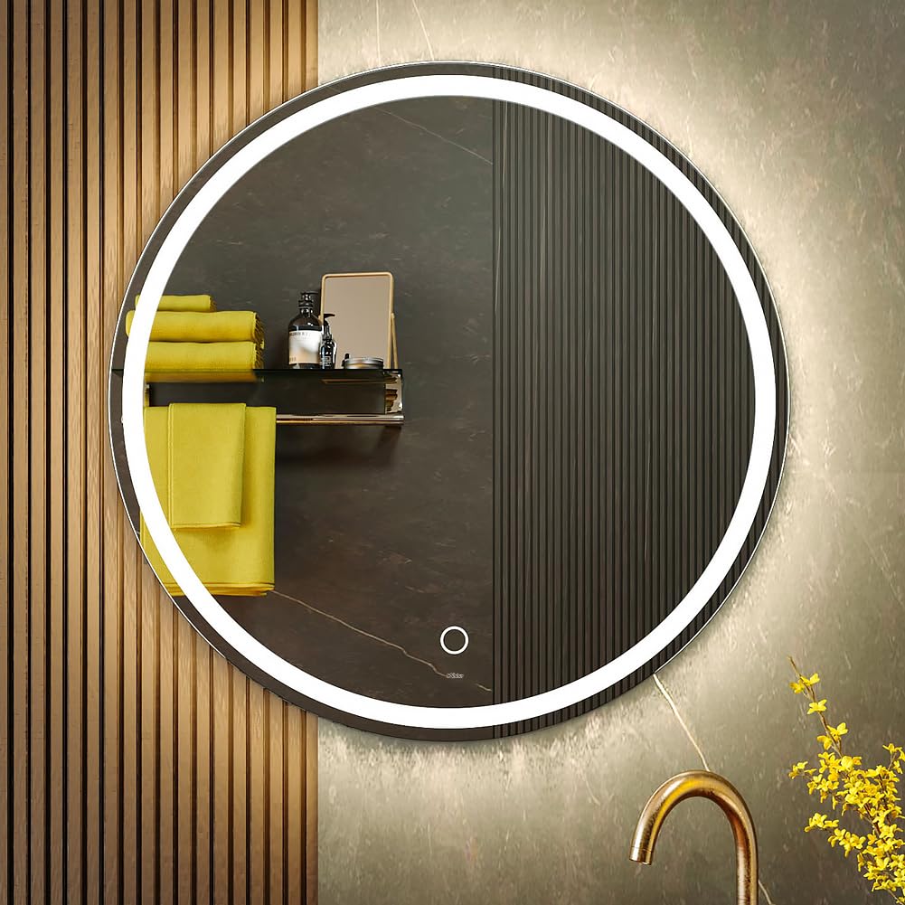 KWW 60 cm LED Runder Badezimmer Eitelkeitsspiegel, Farbtemperatur Einstellbar, Anti-Nebel Dimmbare L