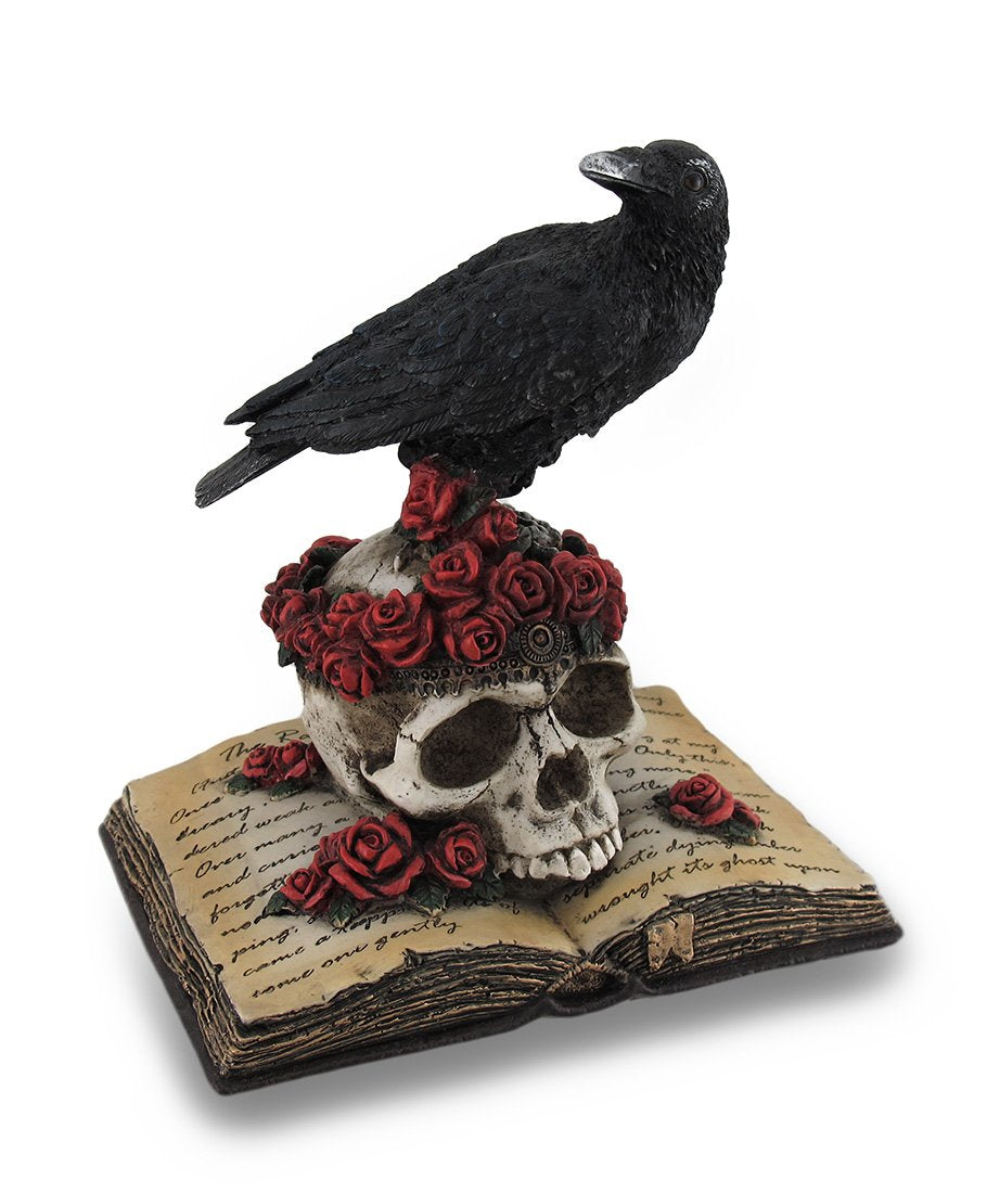 Zeckos Statue mit sitzendem Rabe auf Rose, Totenkopf und offener Poesie