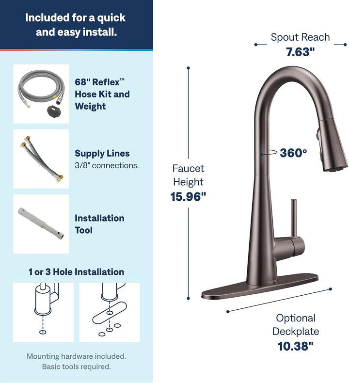 Moen Schlanke, schwarze Edelstahl-Küchenarmatur mit einem Griff, hoher Bogen, mit Power Boost, 7864B