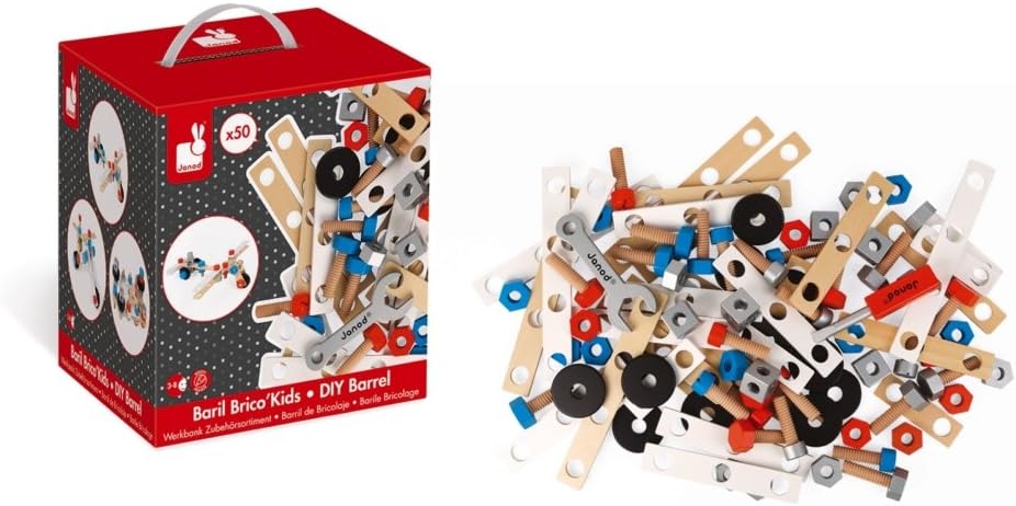 Janod - Brico'Kids Eimer mit 50 Teilen, Holz-Konstruktionsspiel und Spielzeugnachbildung, mit 5 Mode
