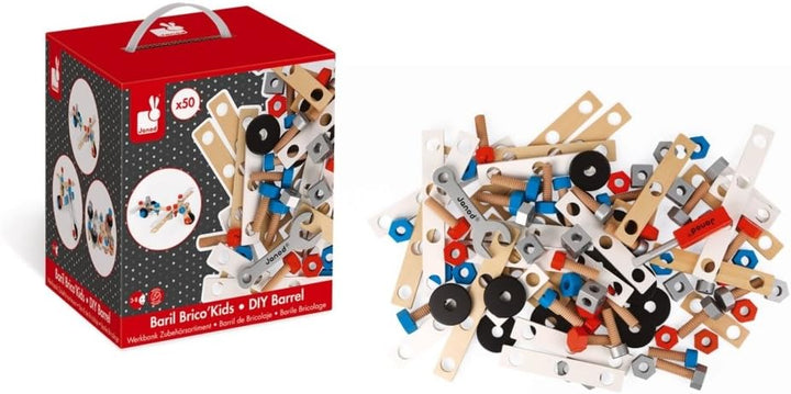 Janod - Brico'Kids Eimer mit 50 Teilen, Holz-Konstruktionsspiel und Spielzeugnachbildung, mit 5 Mode