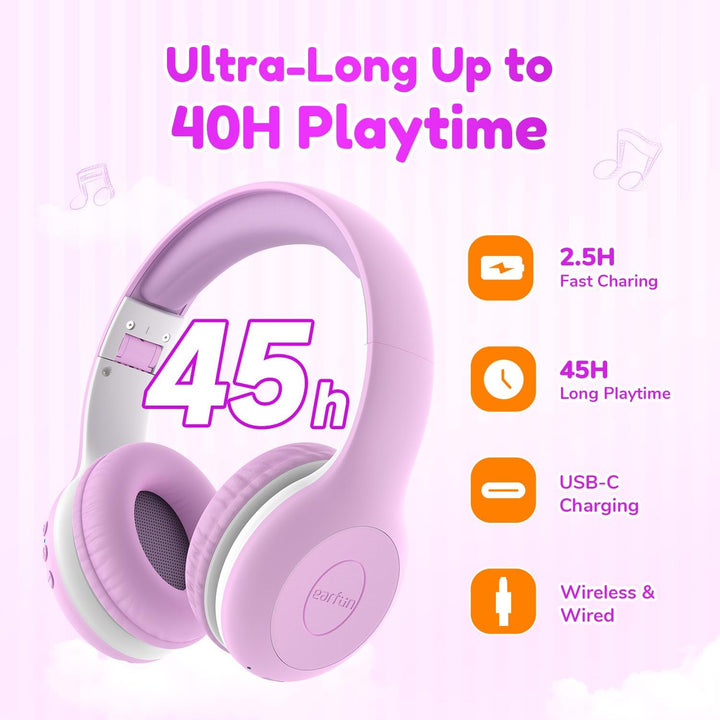 EarFun Bluetooth Kopfhörer Kinder, 74/85/94dB Lautstärkeregelung, HiFi Sound, HD-Mikrofon, 45 Std Ak